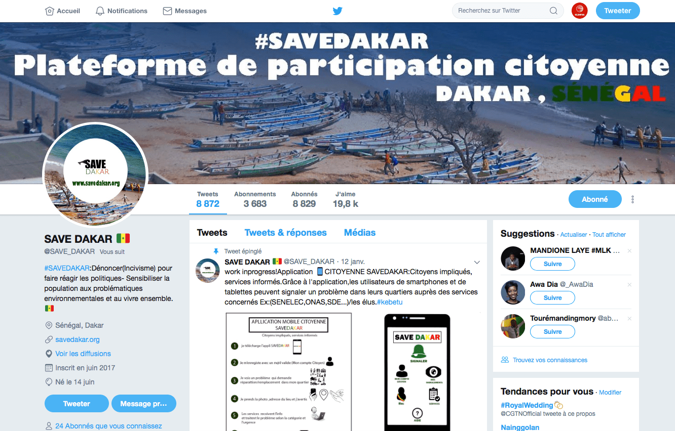 Capture d’écran Page Twitter Save Dakar