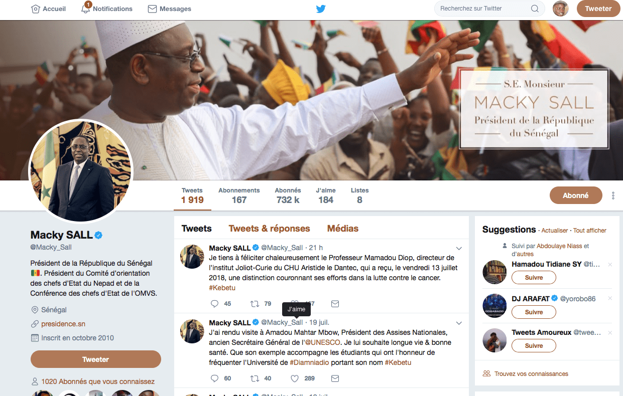 Capture d’écran du profil Twitter de Macky Sall