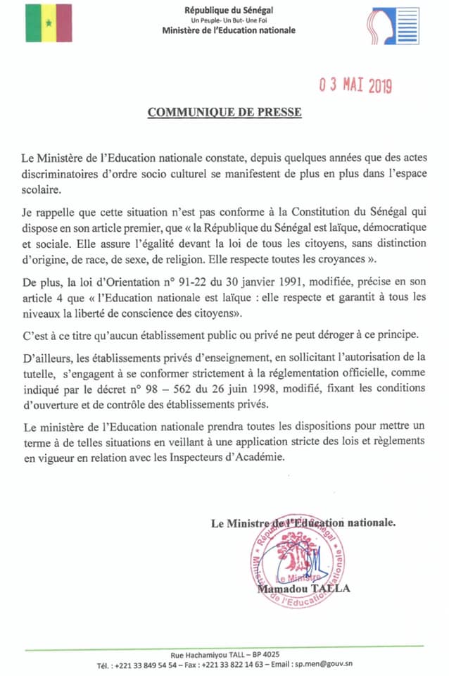 COMMUNIQUE DE PRESSE DU MINISTÈRE DE L’ÉDUCATION NATIONALE. 