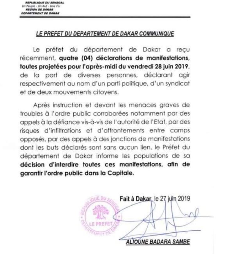Pour menace grave à l’ordre public : le préfet de Dakar interdit toutes les manifestations (Document)