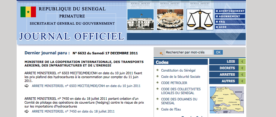 Capture d’écran du site de l'accueil du Journal officiel