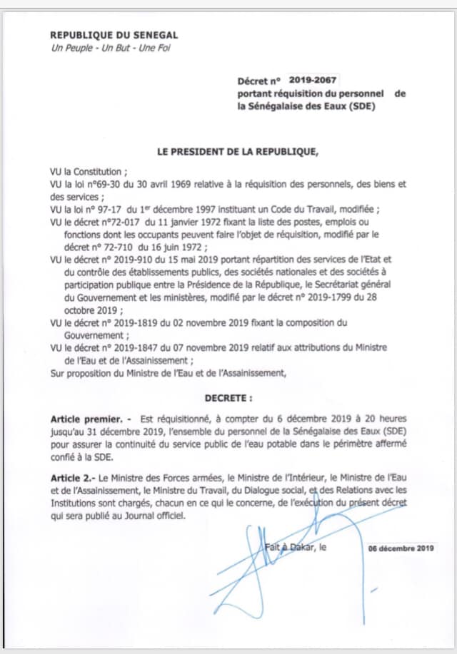 Grève dans le secteur de l'eau : Macky Sall réquisitionne les agents de la Sde