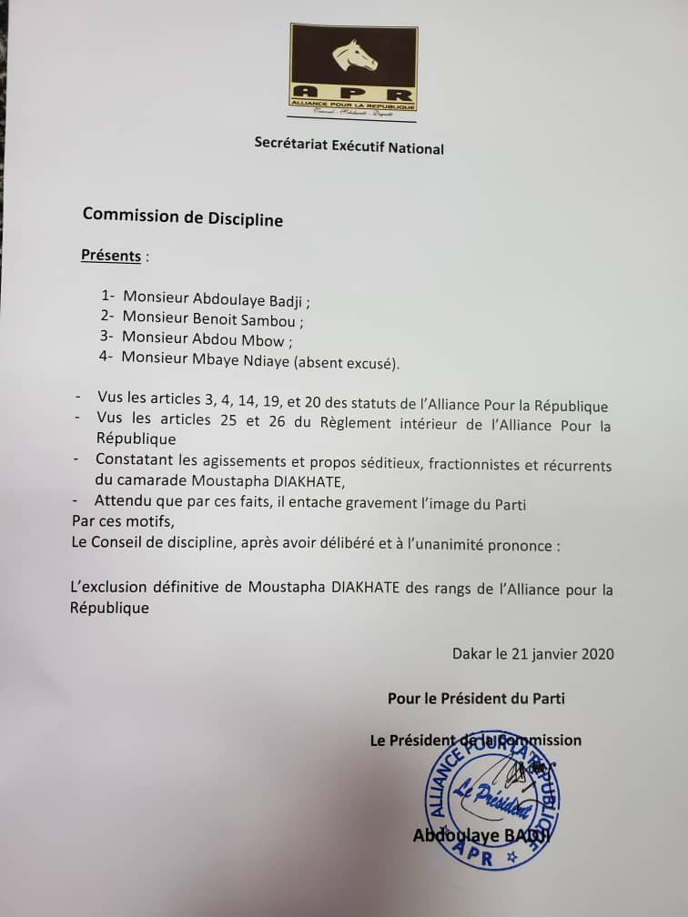 Comme annoncé par klinfos.com: Moustapha Diakhaté exclu de l’APR