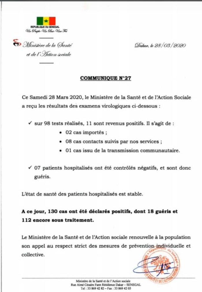 Coronavirus au Sénégal : 11 nouveaux cas testés positifs, 7 nouveaux guéris