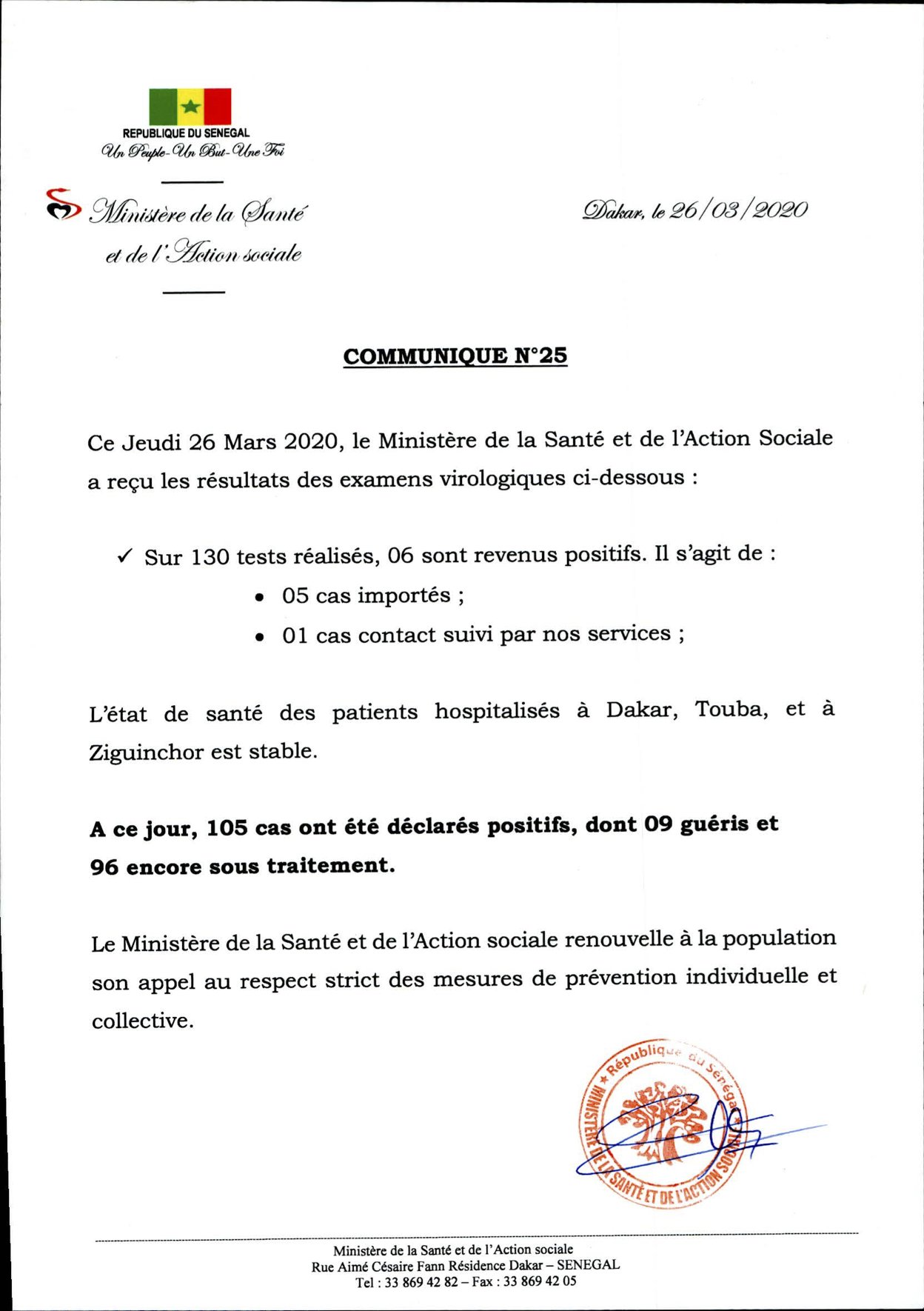 communiqué numéro 25  du 26 mars sur l'épidémie de Coronavirus au Sénégal