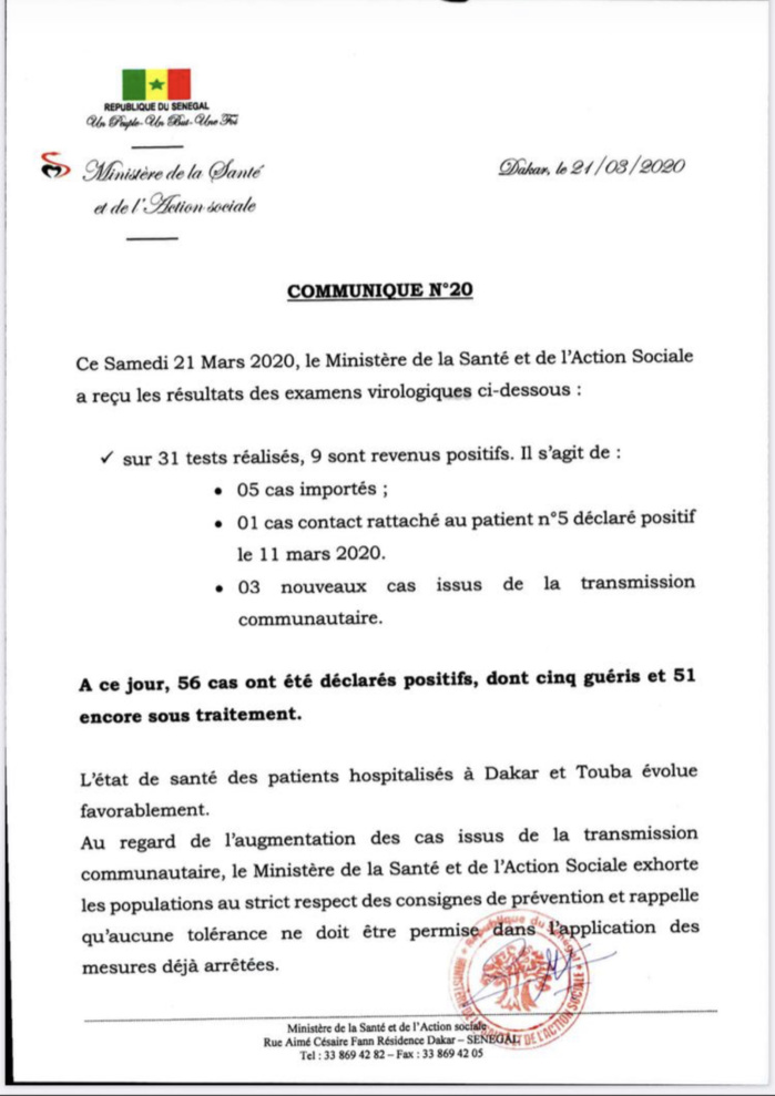 Covid 19 le Sénégal dépasse la barre des 50 cas