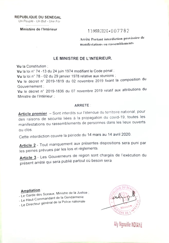 Interdiction de rassemblement : voici l'arrêté pris en ce sens par le ministre de l’Intérieur