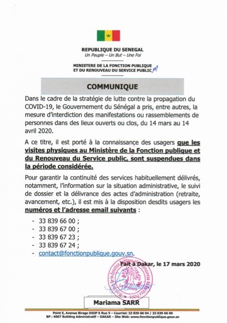 Coronavirus : le ministère de la Fonction publique suspend les visites physiques pour 1 mois (Communiqué)