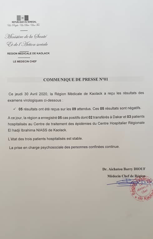 Coronavirus à Kaolack : voici le communiqué numéro 01 de la région médicale de Kaolack 