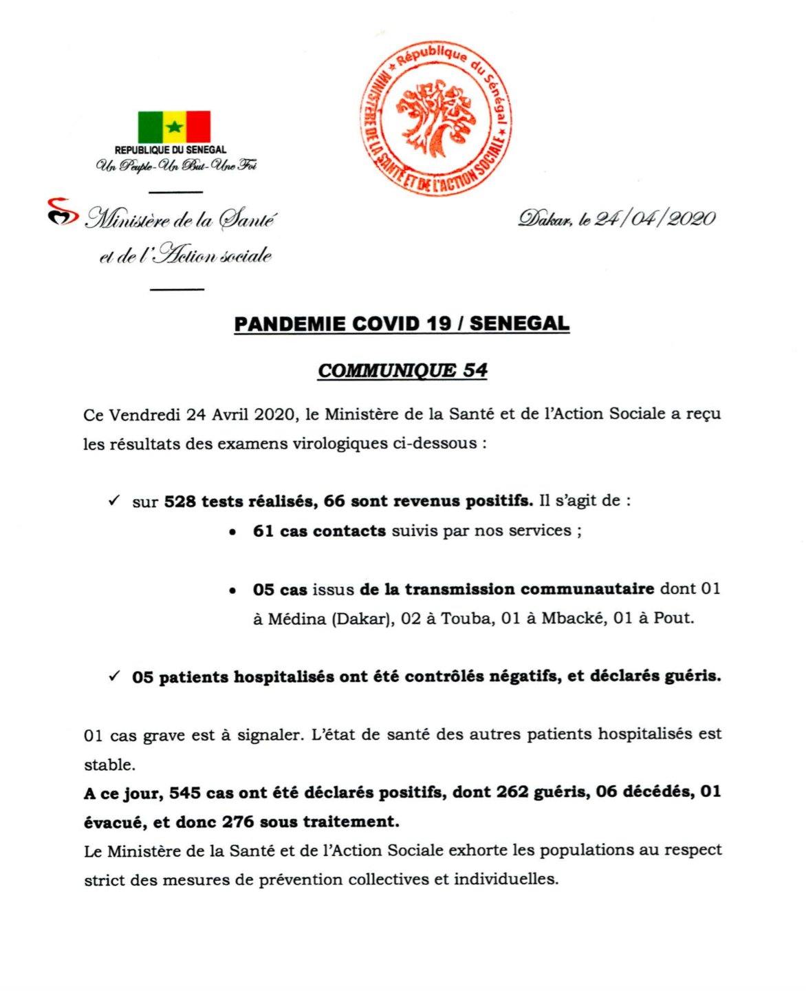 Coronavirus : avec 66 nouveaux cas, le Sénégal dépasse la barre des 500 cas... un cas en réanimation