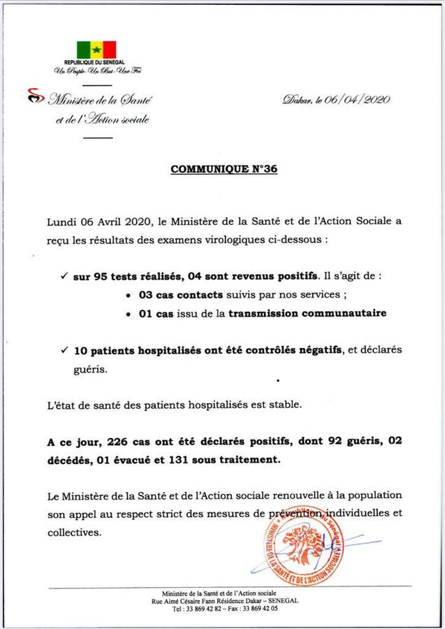 Coronavirus au Sénégal : 4 nouveaux cas, 92 guéris et des milliers de tests négatifs ou les chiffres de l'espoir