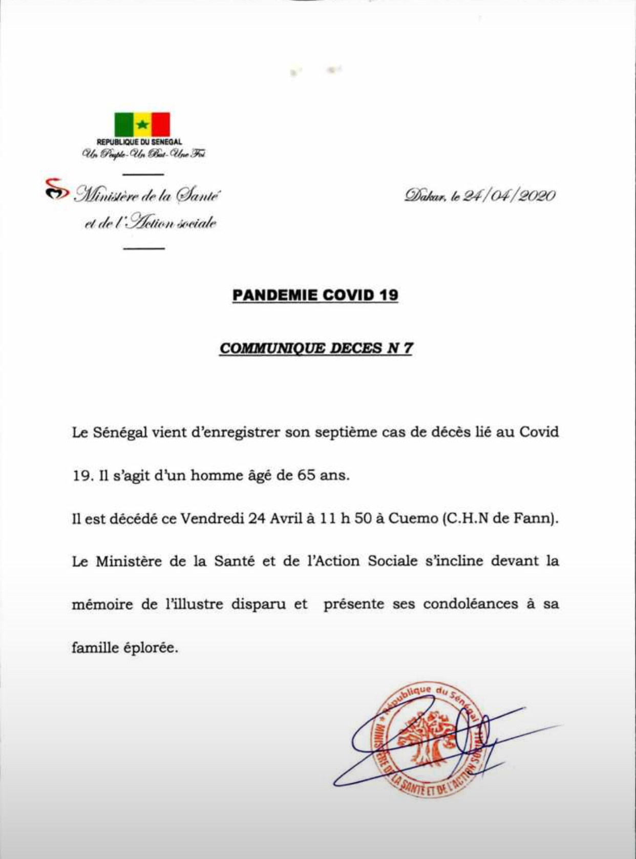 Épidémie de Covid 19 : le Sénégal a enregistré son 7ème décès lié au Coronavirus