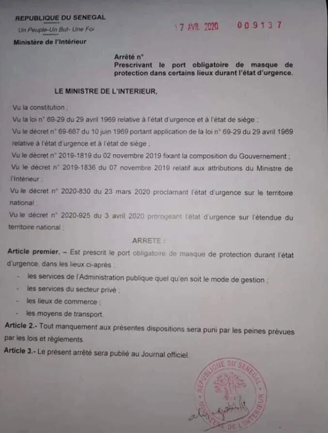 Épidémie de Covid 19 : le port du masque obligatoire au Sénégal