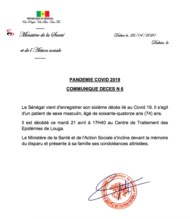 Urgent Covid 19 : le Sénégal vient d'enregistrer son 6 ème décès liés au Coronavirus, 1er décès à Louga