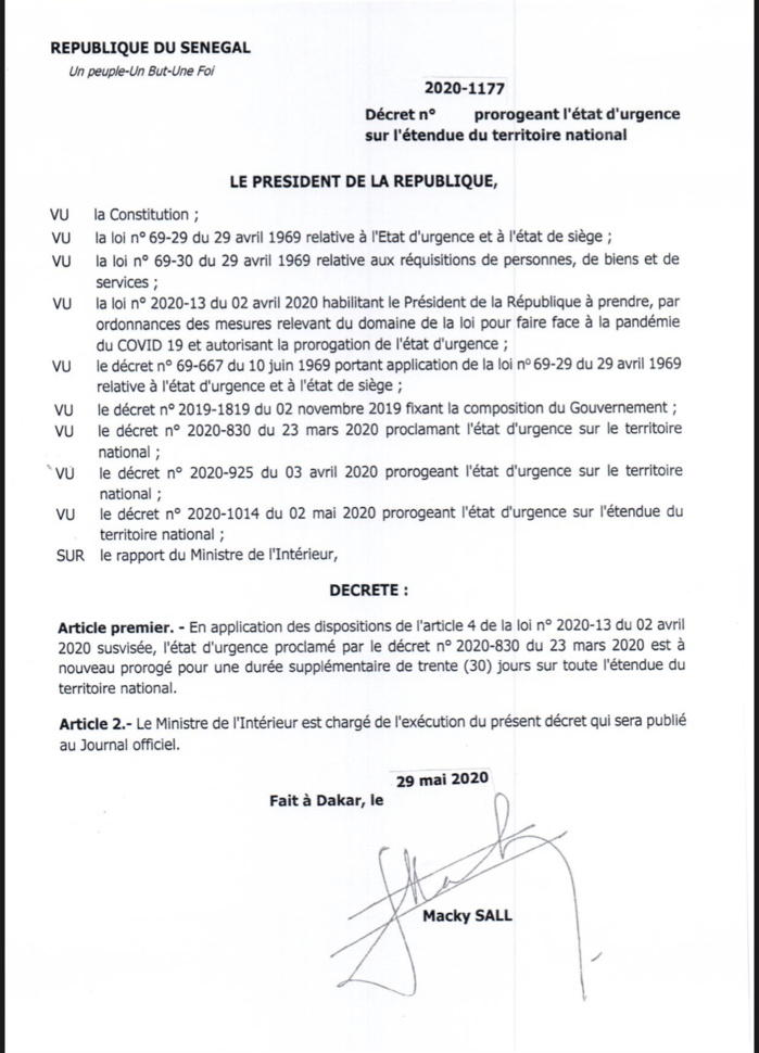 Gestion de la Covid 19 - Macky Sall prolonge l’état d’urgence de 30 jours