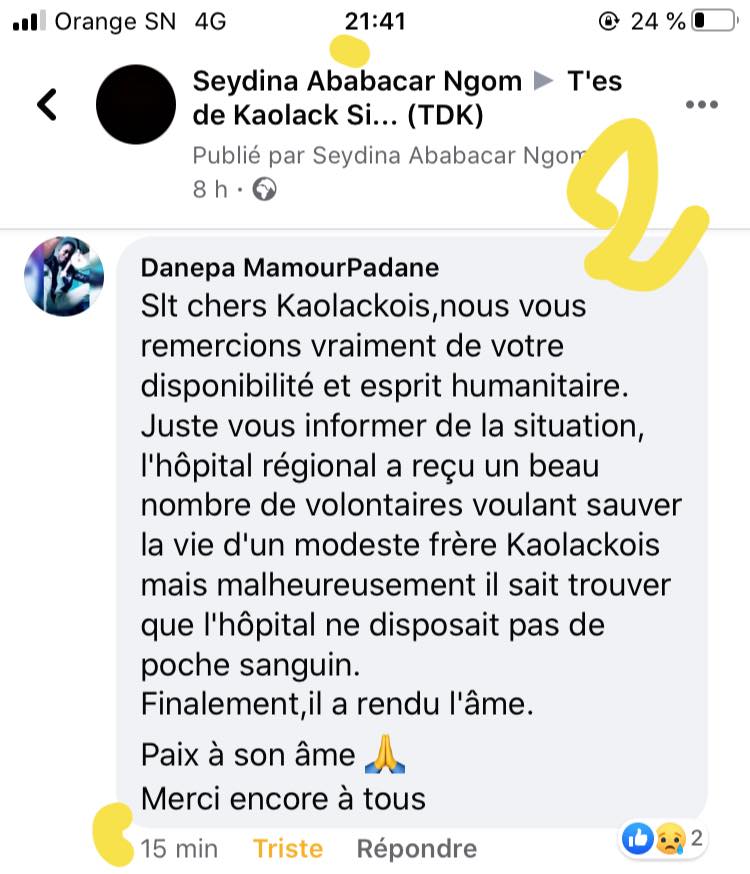 Un membre de T'es de Kaolack annonce la Mort de Baba THIAM
