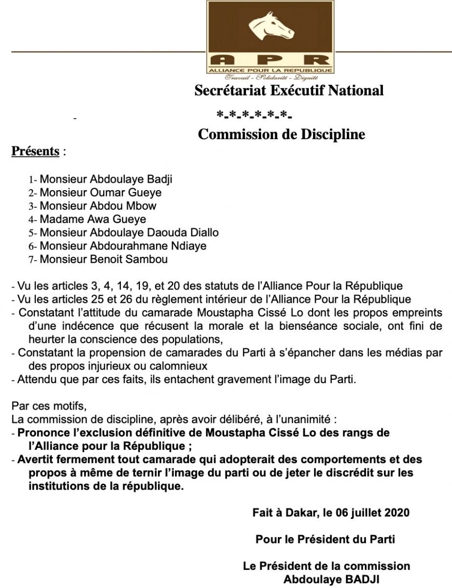 Affaire de l’enregistrement audio : Moustapha Cissé Lo définitivement exclu de l’Apr