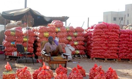 Un vendeur devant son stock d'oignon dans un marché à Dakar