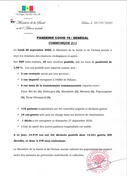 Coronavirus au Sénégal : 10 nouveaux cas, 118 nouveaux guéris et 1 nouveau décès ce 28 septembre 2020