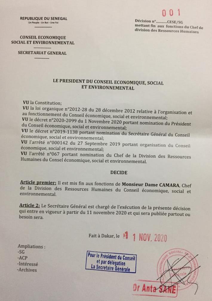 CESE : Idrissa Seck met fin aux fonctions du DRH et du DAF (documents)