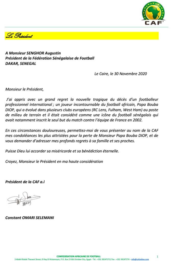 Décès de Pape Bouba Diop : l'hommage de la CAF au 1er butteur sénégalais en Coupe du monde