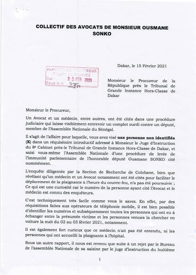 Les avocats d’Ousmane Sonko au procureur : «pour la première fois dans la l’histoire judiciaire du Sénégal...»