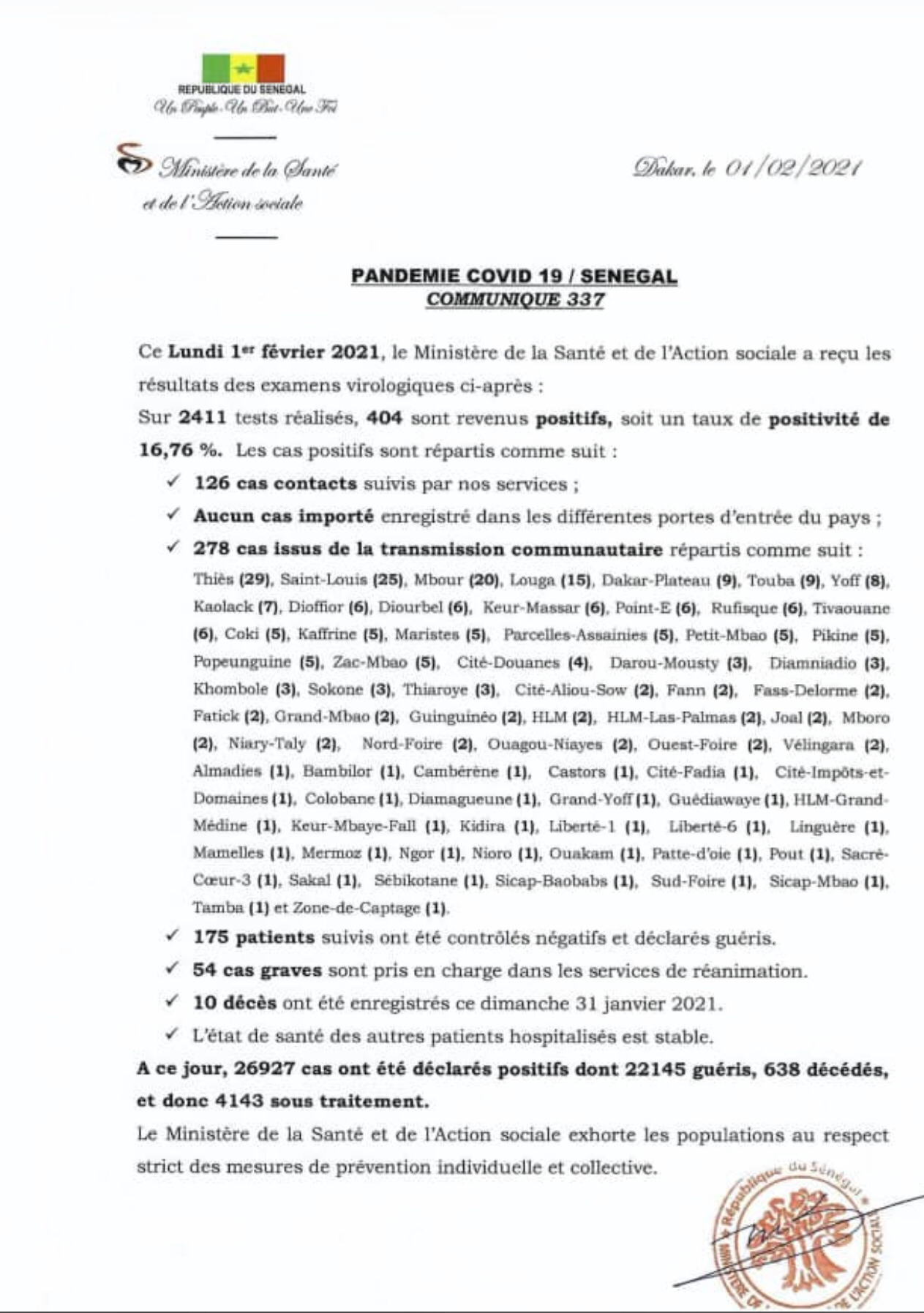 Coronavirus au Sénégal : 404 nouveaux cas, 175 nouveaux guéris et 10 nouveaux décès ce 1er février 2021