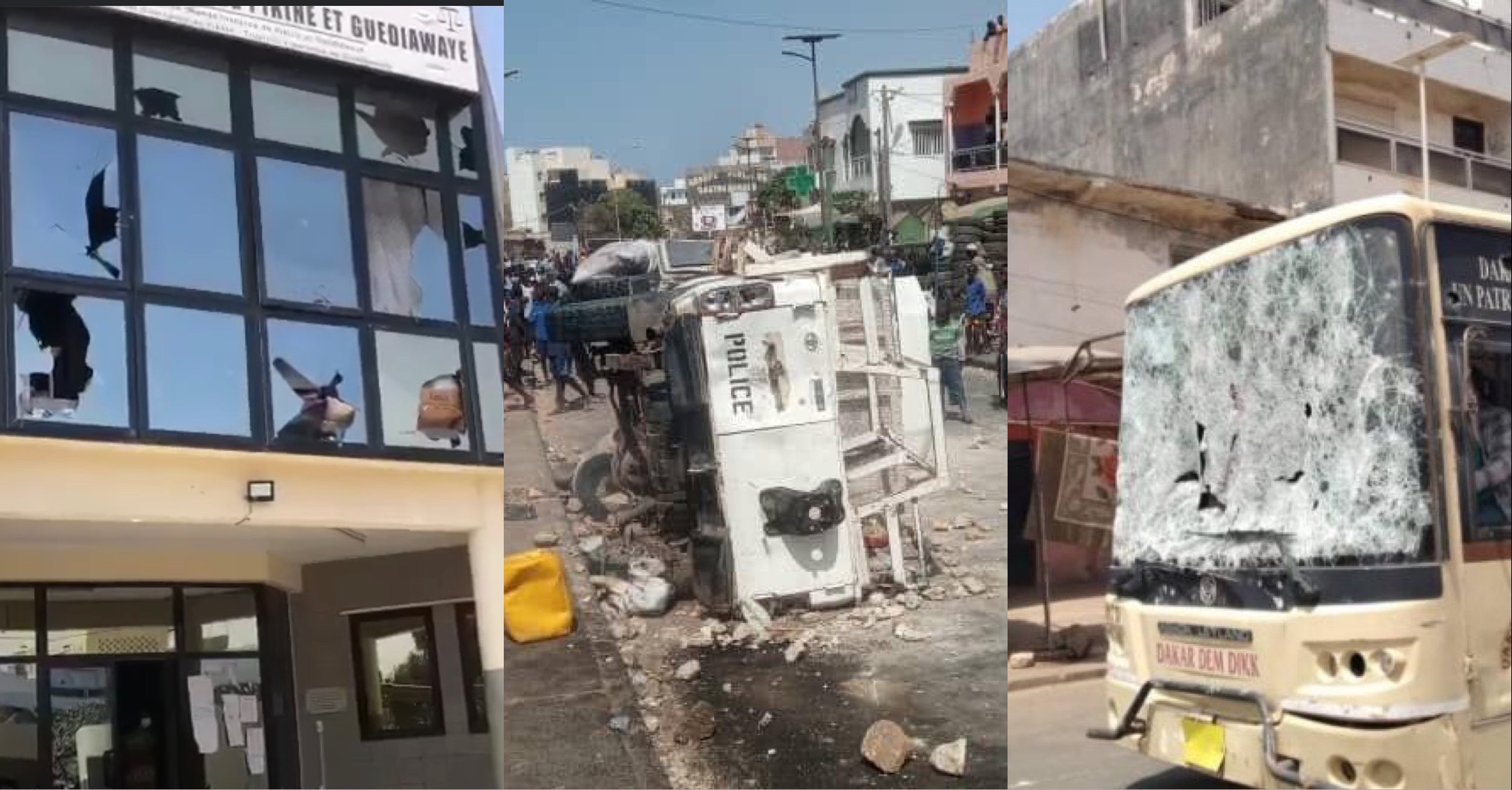 Pikine-Guediawaye : le tribunal saccagé, un véhicule de police renversé, un bus Dakar dém dik cassé