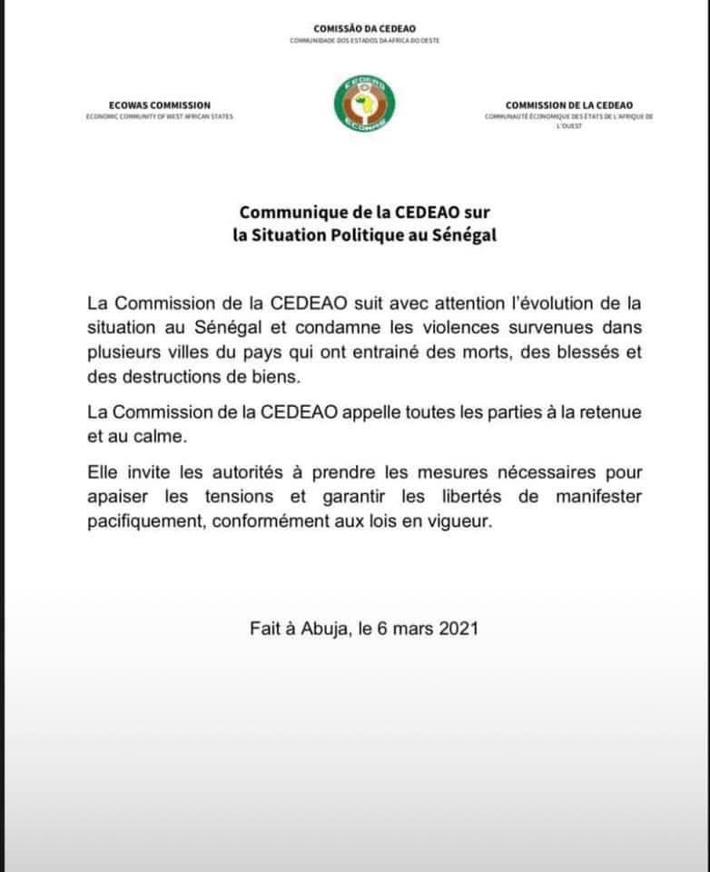  Tensions politiques au Sénégal : la Cedeao appelle Macky Sall à garantir les libertés de manifester