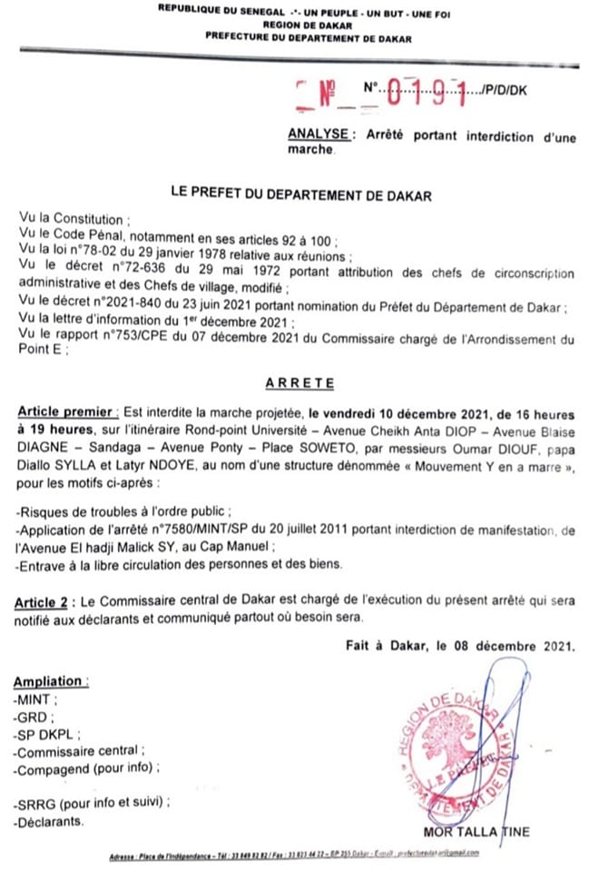 Dakar : le préfet interdit la marche de Y'en a marre et Frapp, ces derniers promettent résistance