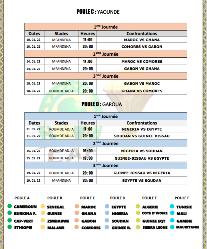 Can 2021/Cameroun : voici le calendrier complet de la compétition