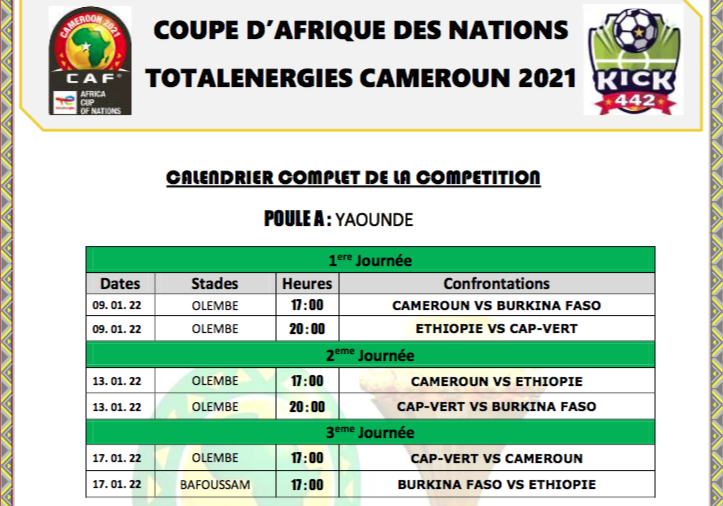 Can 2021/Cameroun : voici le calendrier complet de la compétition