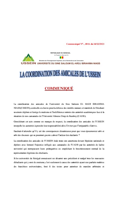 Tension à l'UADB : la coordination des amicales de l'USSEIN déplore le mutisme des autorités académiques