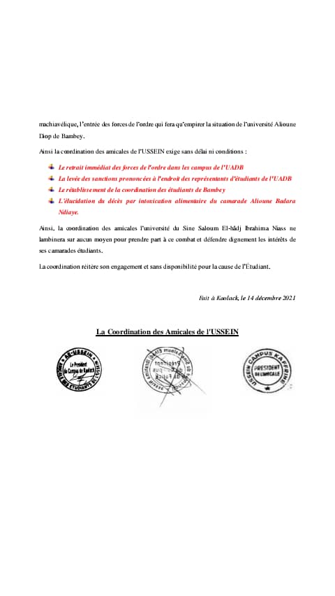 Tension à l'UADB : la coordination des amicales de l'USSEIN déplore le mutisme des autorités académiques