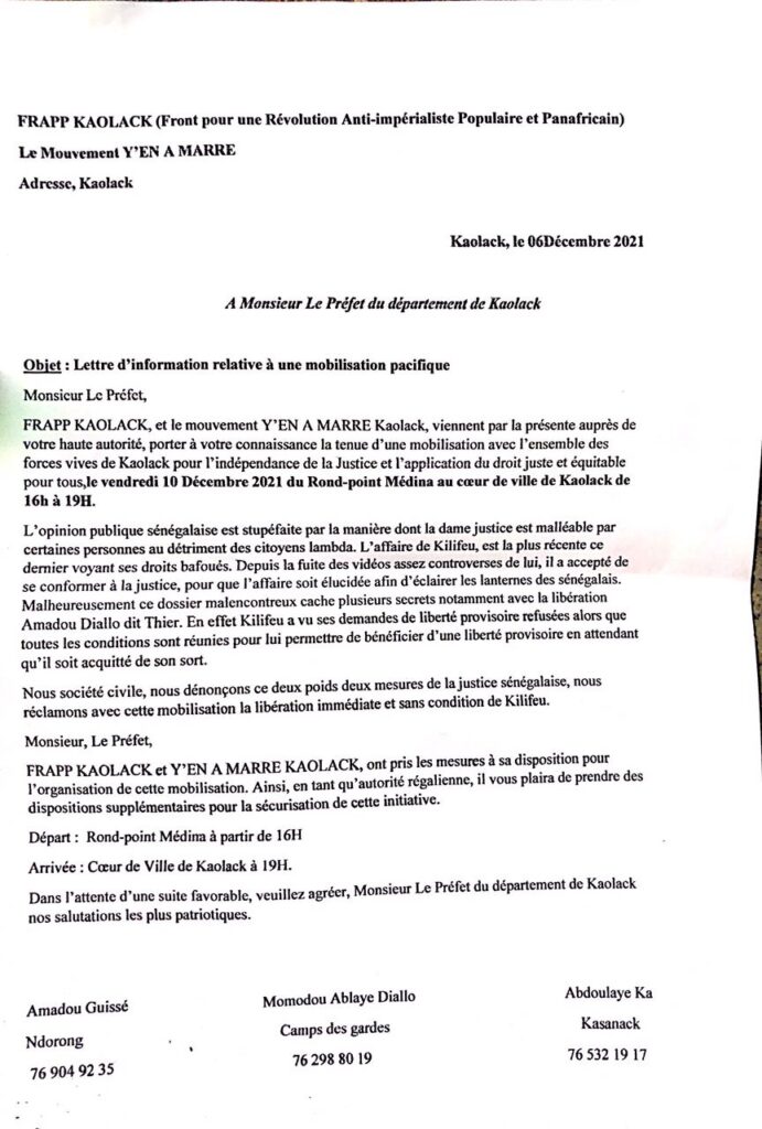 Marche pour l’indépendance de la justice : à Kaolack, Frapp et Y’en a marre défient le préfet qui les ignore