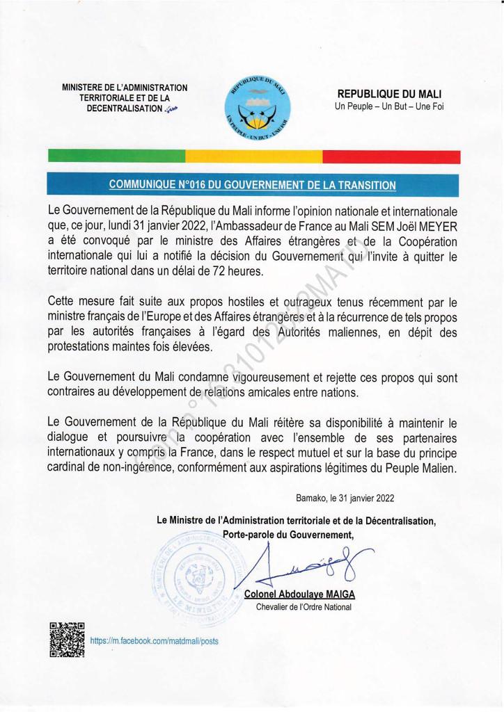 Mali - l’ambassadeur de France sommé de quitter le pays