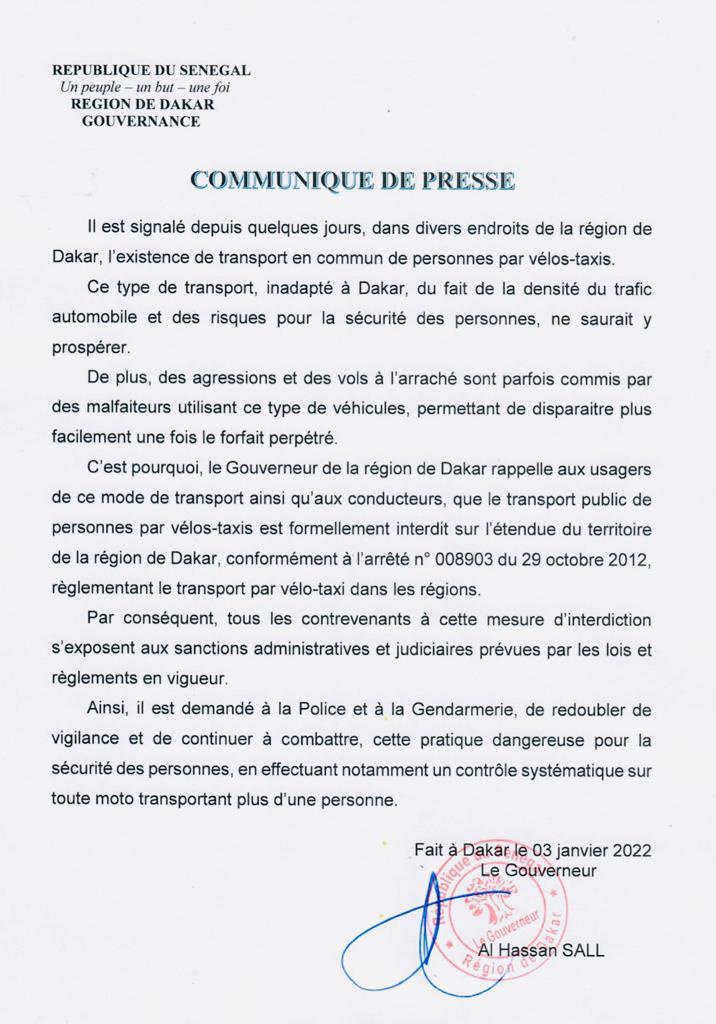 Dakar : le transport public de personnes par vélos-taxis formellement interdit