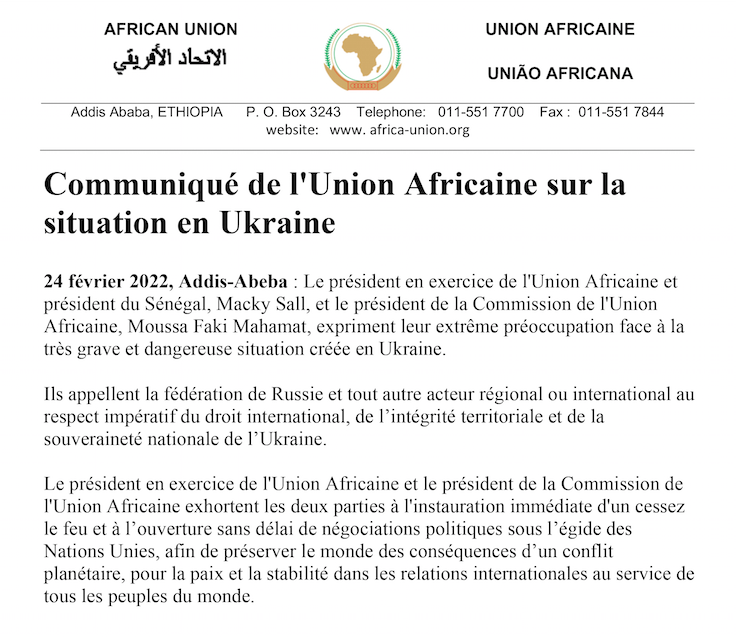 Guerre Russie - Ukraine : la position de l’Union africaine