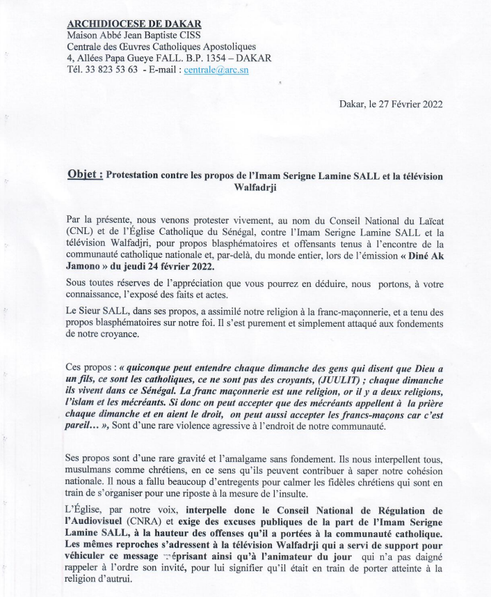 "Propos blasphématoires" de Serigne Lamine Sall : l'Eglise s'indigne et saisit les autorités compétentes