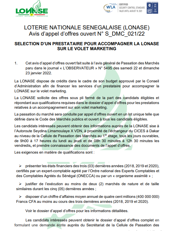Appel d'offre : sélection d'un prestataire pour accompagner la LONASE sur le volet marketing