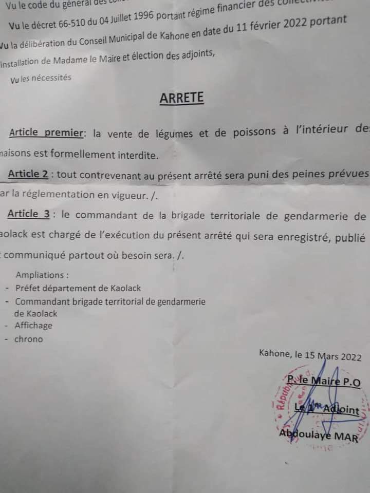 Kahone : la vente de légumes et de poissons dans les maisons interdite