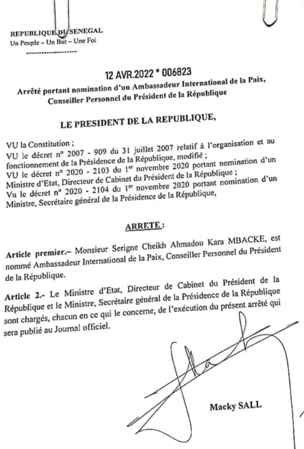 Nomination : Serigne Modou Kara fait ambassadeur et conseiller du président Macky Sall