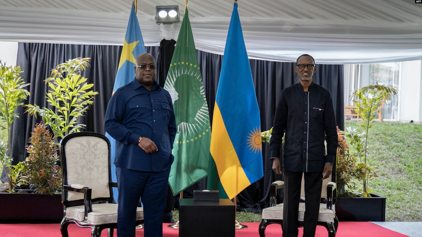 Le président rwandais Paul Kagame et le président de la République démocratique du Congo - RDC Félix Tshisekedi (à gauche)