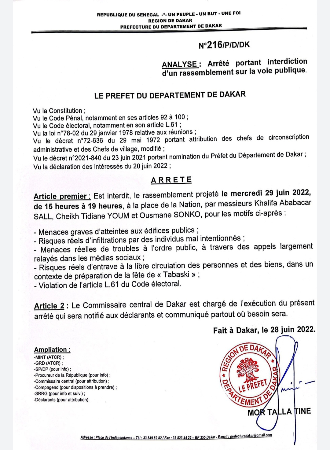 Manifestation de Yewwi Askan Wi : le préfet de Dakar interdit le rassemblement de ce mercredi