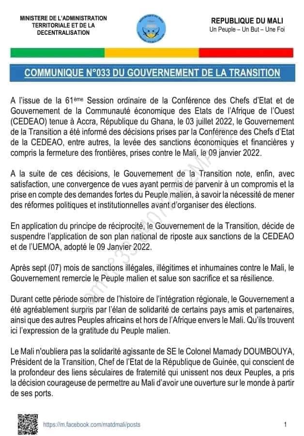 Levée des sanctions contre le Mali : le communiqué du Gouvernement de la Transition