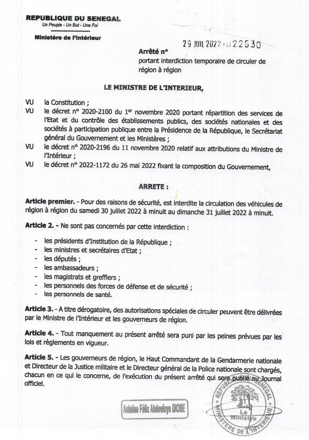 Élections du 31 juillet 2022 : le ministre de l'Intérieur signe un arrêté portant interdiction temporaire de circuler entre les régions