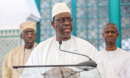 Macky Sall, président de la République du Sénégal, prenant la parole après la prière de la Tabaski