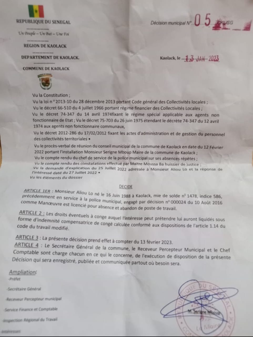 Commune de Kaolack : Serigne Mboup licencie un proche de Rahma