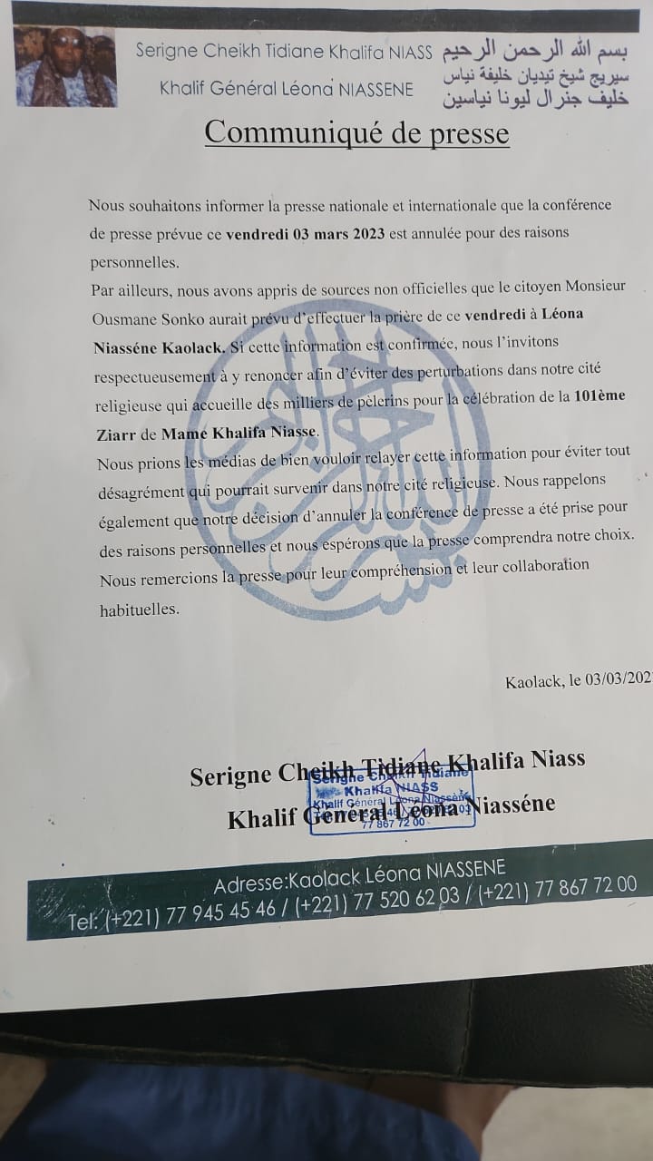 Léona Niassène : le Khalife interdit à Ousmane Sonko d'effectuer la prière du Vendredi à la Mosquée