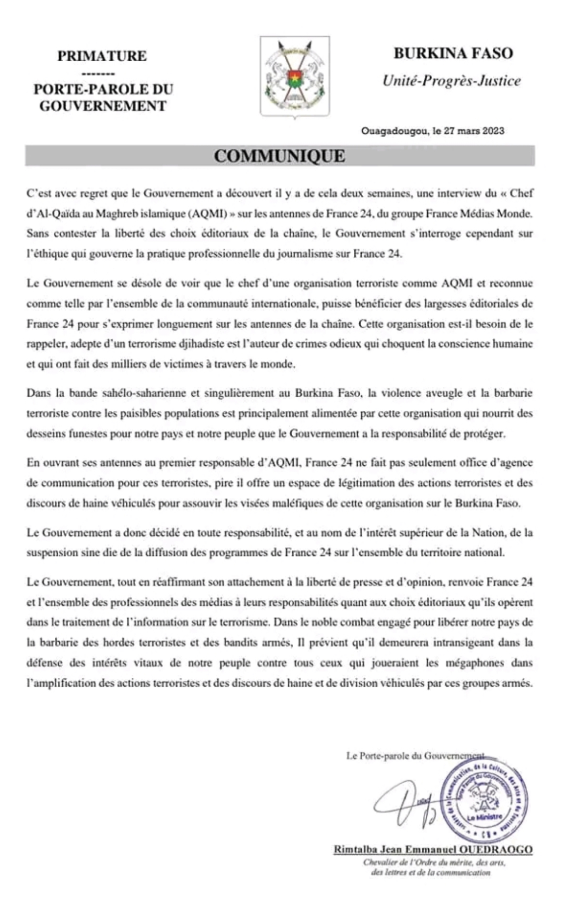 Burkina Faso : la chaine française France24 suspendue